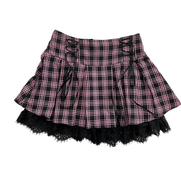 Hot Topic Plaid Pleated Mini Skirt Pink Medium Bows Lace‎ Y2K Punk Goth Lolita - Picture 1 of 9